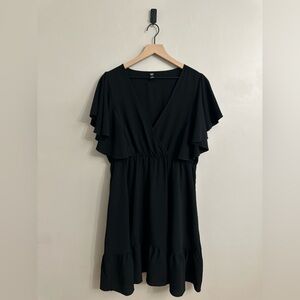 Cross front black dress, flutter sleeves, 1XL, lightweight